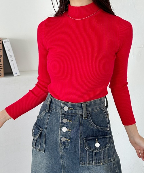 CLEA（クレア）の「リブハイネックニットトップス（ニット/セーター・レディース・アイボリー/ブラック/レッド/グレー/ブラウン/ライトピンク/ライトブルー/ホワイト・FREE）」の14枚目の写真