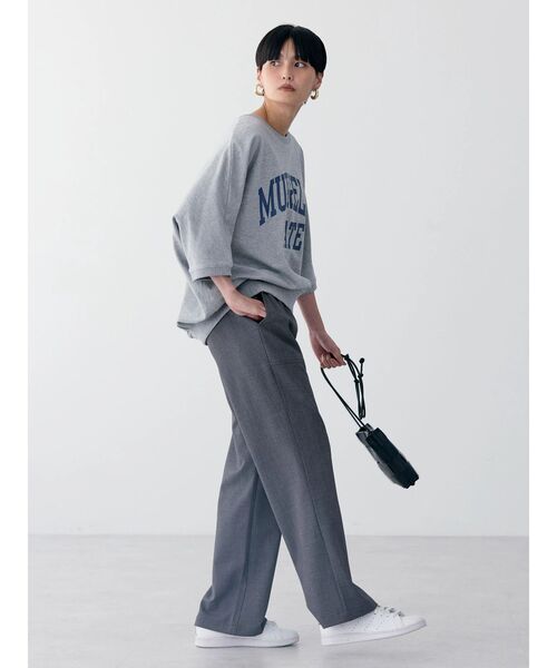 美品✨45R ぷくぷく裏毛のビッグトレーナー パール ドルマン袖 アイボリー S-LL】フェイクパール付きロゴ裏起毛トップス（カットソー