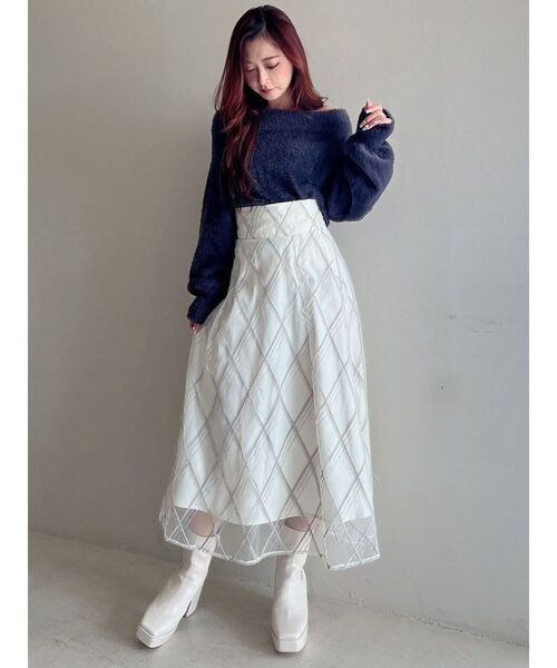 MERCURYDUO（マーキュリーデュオ）の「オフショルミニシャギーニット（ニット/セーター・レディース・グレー/レッド/アイボリー/イエロー・FREE）」の8枚目の写真