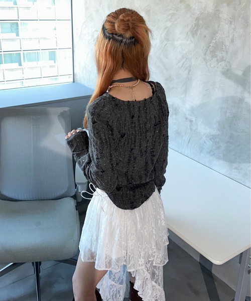 トップス STONE  セール】CLANE/クラネ RHINESTONE SHEER TOPS/ラインストーン