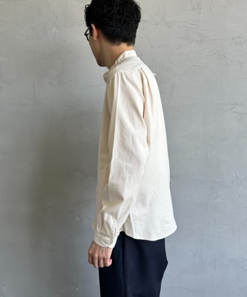 美品 ダントン 長袖シャツ デニム バンドカラー コットン100％ 日本製 S DANTON ダントン LINEN CLOTH BAND COLLAR L/S SHIRT リネン