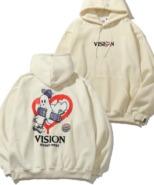 THE MARX RE CREATION(ザマルクスリクリエーション)の「【VISION STREET WEAR/ヴィジョンストリートウェア】裏起毛 フェルトプリント ゴースト プルオーバーパーカー(パーカー・メンズ・ブルーグレー/ブラック/オフホワイト・LL/L/M)」の1枚目の写真