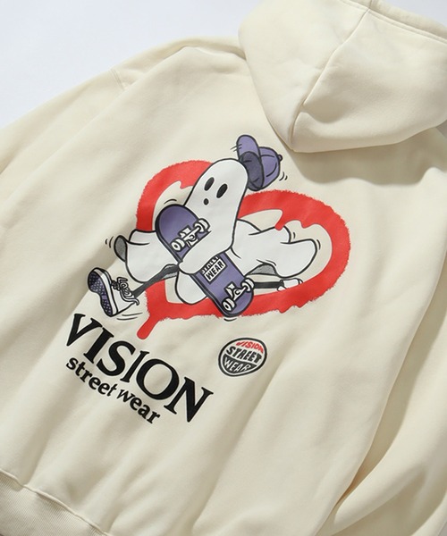 THE MARX RE CREATION(ザマルクスリクリエーション)の「【VISION STREET WEAR/ヴィジョンストリートウェア】裏起毛 フェルトプリント ゴースト プルオーバーパーカー(パーカー・メンズ・ブルーグレー/ブラック/オフホワイト・LL/L/M)」の18枚目の写真