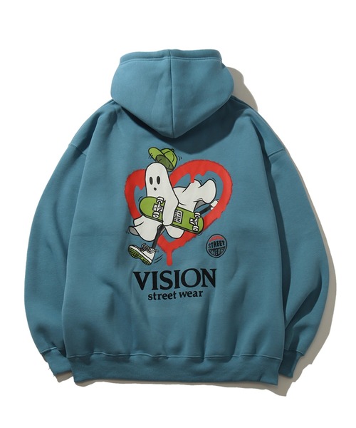 THE MARX RE CREATION(ザマルクスリクリエーション)の「【VISION STREET WEAR/ヴィジョンストリートウェア】裏起毛 フェルトプリント ゴースト プルオーバーパーカー(パーカー・メンズ・ブルーグレー/ブラック/オフホワイト・LL/L/M)」の9枚目の写真