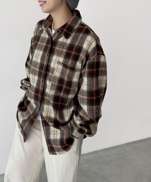 CANAL JEAN（キャナルジーン）の「El mar　ウール混チェックシャツジャケット（その他アウター・レディース・ブラウン/サックスブルー・ONE SIZE）」の7枚目の写真