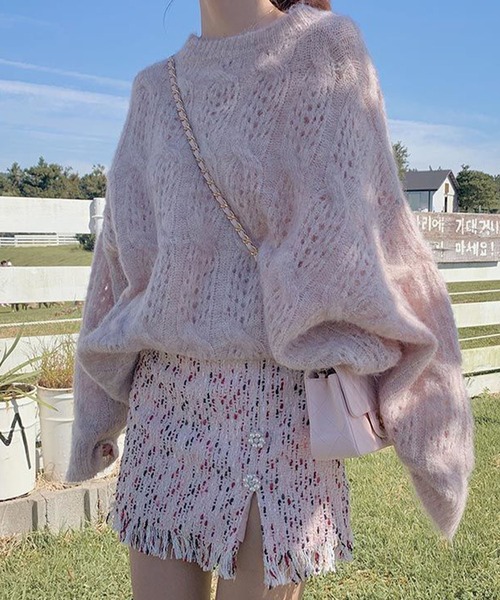 meJane（ミージェーン）の「モヘアライク 透かし編みニットプルオーバー（ニット/セーター・レディース・ホワイト/ピンク・FREE）」の11枚目の写真