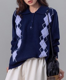 DAY CLOSET(デイ クローゼット)のレトロ可愛いアーガイル柄。長袖ポロリブニットセーター レディース(ニット/セーター)