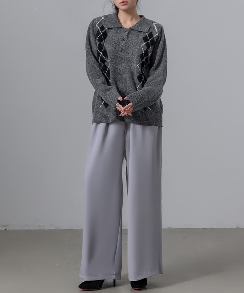 セール】レトロ可愛いアーガイル柄。長袖ポロリブニットセーター