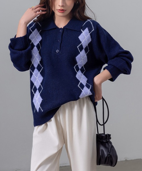 DAY CLOSET(デイ クローゼット)の「レトロ可愛いアーガイル柄。長袖ポロリブニットセーター レディース(ニット/セーター・レディース・グレー/ネイビー・FREE)」の19枚目の写真