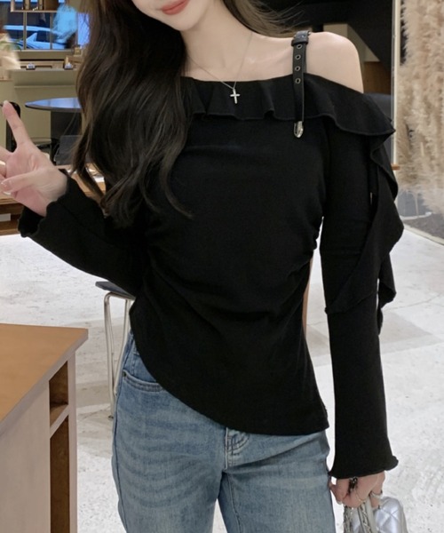 Sibra(シブラ)の「ワンショルダーラッフルトップス(Tシャツ/カットソー・レディース・ブラック/ベージュ・M)」の14枚目の写真