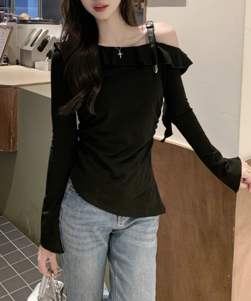 Sibra(シブラ)の「ワンショルダーラッフルトップス(Tシャツ/カットソー・レディース・ブラック/ベージュ・M)」の16枚目の写真