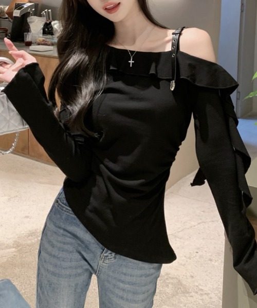 Sibra(シブラ)の「ワンショルダーラッフルトップス(Tシャツ/カットソー・レディース・ブラック/ベージュ・M)」の19枚目の写真