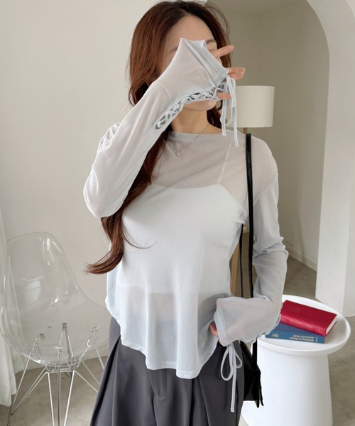 Ada.(エイダ)の「袖口 レースアップデザイン シアー カットソー(Tシャツ/カットソー・レディース・サックスブルー/ブラック/アイボリー・FREE)」の7枚目の写真