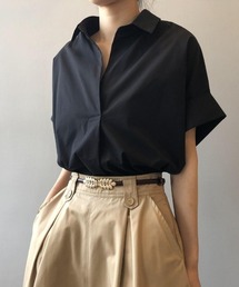 美シルエット。さらりと快適Vネック立体半袖スキッパーシャツ夏ブラウス