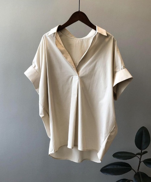 Forcement(フォースメント)の「美シルエット。さらりと快適Vネック立体半袖スキッパーシャツ夏ブラウス(シャツ/ブラウス・レディース・ホワイト/ベージュ/ブラック・ONESIZE)」の11枚目の写真