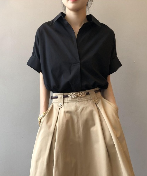 Forcement(フォースメント)の「美シルエット。さらりと快適Vネック立体半袖スキッパーシャツ夏ブラウス(シャツ/ブラウス・レディース・ホワイト/ベージュ/ブラック・ONESIZE)」の10枚目の写真