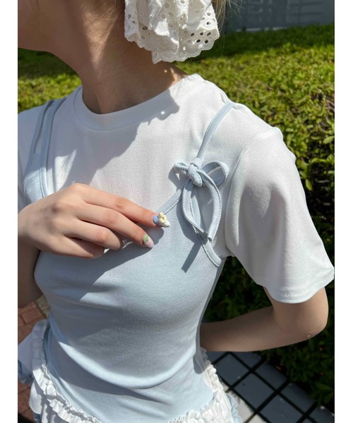 WC(ダブル シー)の「バイカラーフェイクレイヤードデザインT(Tシャツ/カットソー・レディース・グレー/サックスブルー・FREE)」の3枚目の写真