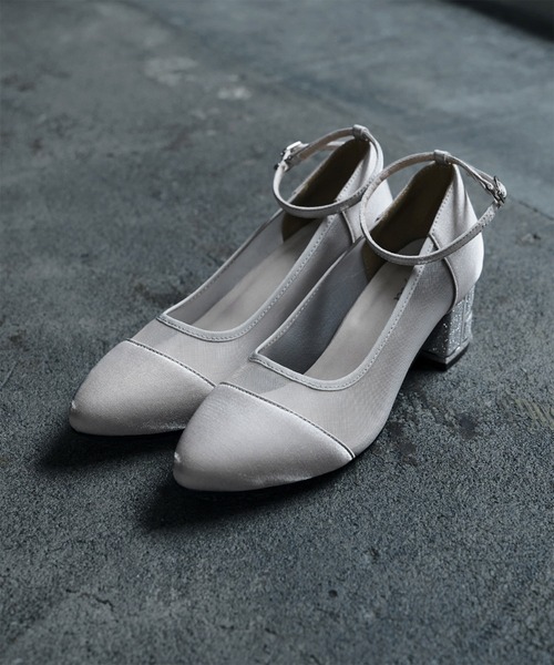 【美品】グリッターチャンキーヒール5cm パンプス 結婚式 パーティー 23.5 ガール GIRL グリッター チャンキーヒール シアー パンプス 結婚