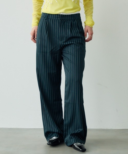 3TUCK WIDE BALLOON TROUSERS 2 ネイビーストライプ Two tuck wide straight stripe slacks / 2タックワイド