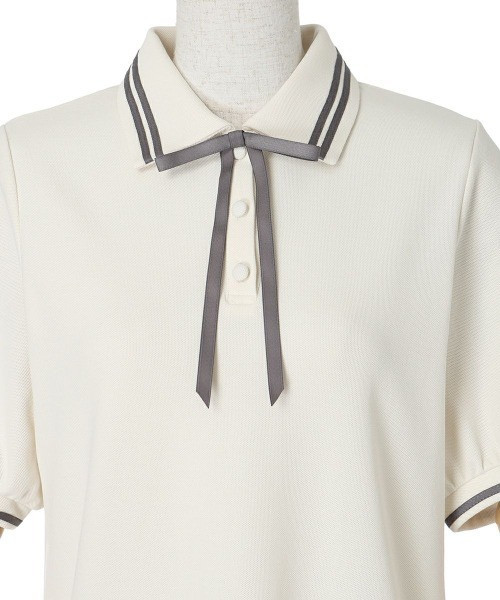 F i.n.t（フィント）の「リボンタイ付きライン入りポロシャツ【1枚で快適】/ fint　フィント（ポロシャツ・レディース・オフホワイト/レッド/ライトグレー・FREE）」の14枚目の写真