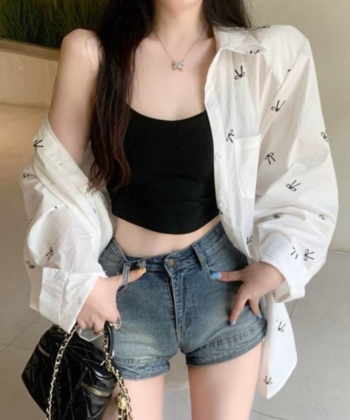 CANVAS+（キャンバスプラス）の「【CANVAS+】リボンプリントシャツ（シャツ/ブラウス・レディース・ホワイト/サックスブルー/ピンク・M）」の6枚目の写真