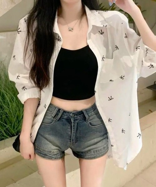 CANVAS+（キャンバスプラス）の「【CANVAS+】リボンプリントシャツ（シャツ/ブラウス・レディース・ホワイト/サックスブルー/ピンク・M）」の9枚目の写真