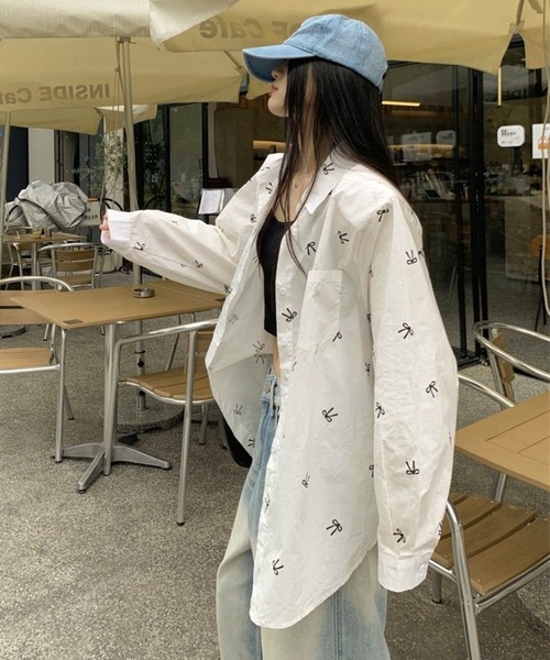 CANVAS+（キャンバスプラス）の「【CANVAS+】リボンプリントシャツ（シャツ/ブラウス・レディース・ホワイト/サックスブルー/ピンク・M）」の10枚目の写真