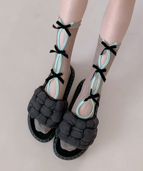 VIVID LADY（ビビッドレディー）の「レースアップ風 リボンシアーソックス（ソックス/靴下・レディース・シルバー/ライトブルー/ピンク/ベージュ/サックスブルー系/ブラック・FREE）」の16枚目の写真