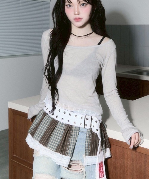 tシャツ 「CHERRYQUIRI」sheer layered unbal sleeve / 「チェリーキュリー」シアーレイヤードアンバランス長袖トッ CHERRYQUIRI】sheer layered unbal sleeve / 【チェリーキュリー