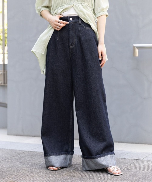 RAGEBLUE(レイジブルー)の「<セットアップ対応>ステッチデザイン/ロールアップデニムパンツ2(デニムパンツ・レディース・ネイビー/ブラック・FREE)」の2枚目の写真