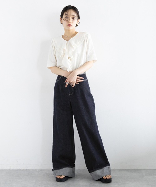 RAGEBLUE(レイジブルー)の「<セットアップ対応>ステッチデザイン/ロールアップデニムパンツ2(デニムパンツ・レディース・ネイビー/ブラック・FREE)」の12枚目の写真