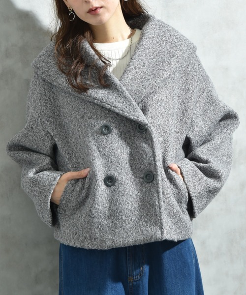 セール】フェイクウールリングニットショートコート（ピーコート