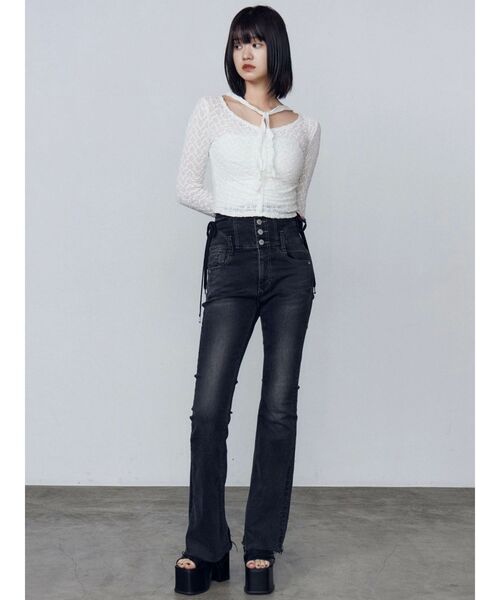 セール】サイドオープンハイウエストフレアパギンス（デニムパンツ