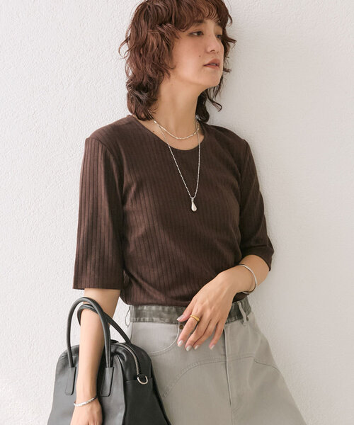 RIVE DROITE(リヴドロワ)の「【汗染み防止/全骨格着痩せ】ガードスウェットテレコTee(Tシャツ/カットソー・レディース・ピンク/ホワイト/チャコールグレー/ブラウン・FREE)」の3枚目の写真