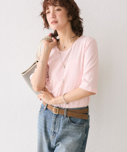 RIVE DROITE(リヴドロワ)の「【汗染み防止/全骨格着痩せ】ガードスウェットテレコTee(Tシャツ/カットソー・レディース・ピンク/ホワイト/チャコールグレー/ブラウン・FREE)」の4枚目の写真