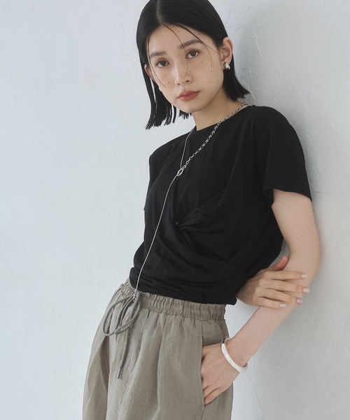 hunch(ハンチ)の「ドレープ デザイントップス(Tシャツ/カットソー・レディース・杢グレー/ネイビー/ブラック・FREE)」の1枚目の写真