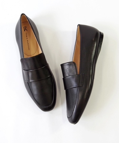 【現行】ファビオルスコーニ　ローファー　スクエアトゥ　レザー　黒　24cm セール】FABIO RUSCONI （ファビオ ルスコーニ） / スクエアトゥ