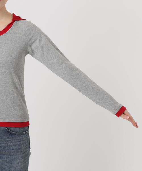 完売商品‼️ oriens レイヤードフーディーロングスリーブトップス セール】レイヤードフーディーロングスリーブトップス（Tシャツ