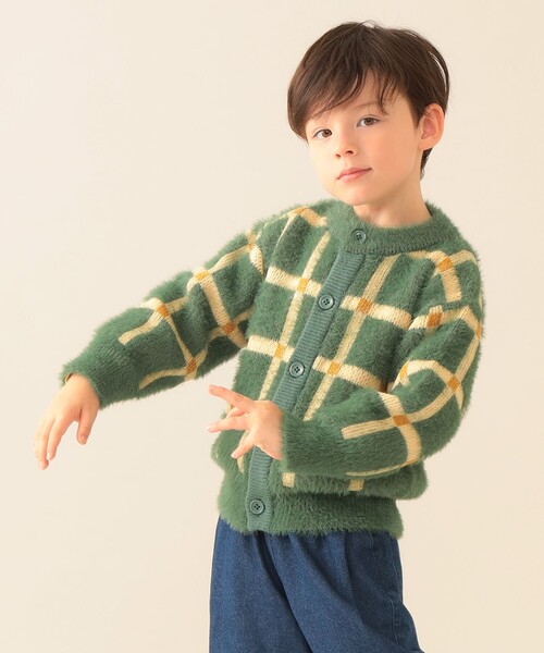 BEAMS mini（ビームスミニ）の「チェック シャギー カーディガン 2025FW（90～140cm）（カーディガン/ボレロ・キッズ・グリーン/ベージュ・140/130/120/110/90/100）」の2枚目の写真