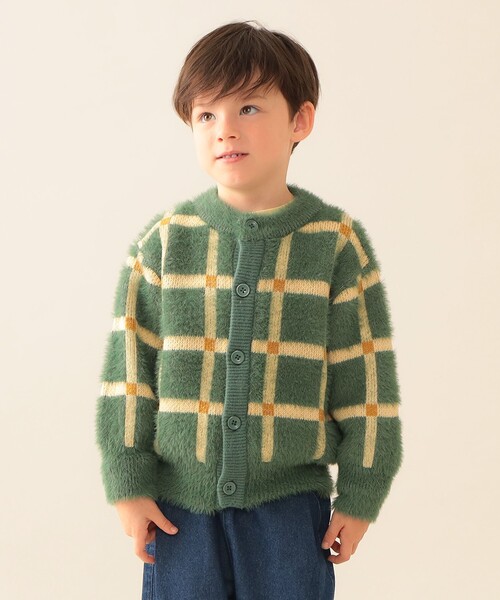 BEAMS mini（ビームスミニ）の「チェック シャギー カーディガン 2025FW（90～140cm）（カーディガン/ボレロ・キッズ・グリーン/ベージュ・140/130/120/110/90/100）」の3枚目の写真