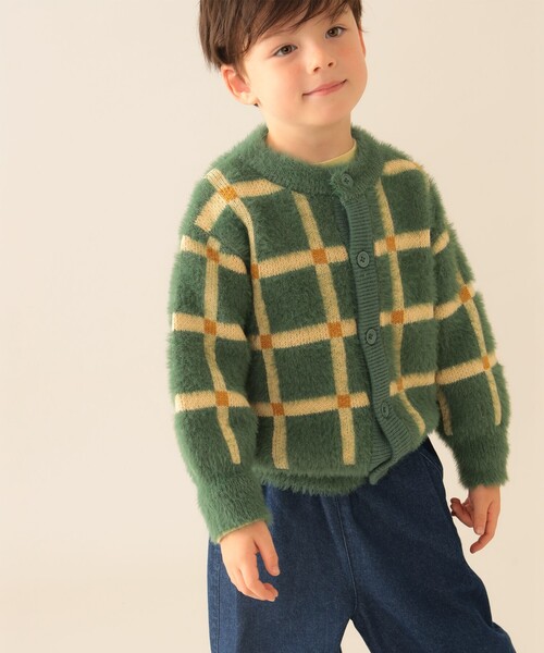 BEAMS mini（ビームスミニ）の「チェック シャギー カーディガン 2025FW（90～140cm）（カーディガン/ボレロ・キッズ・グリーン/ベージュ・140/130/120/110/90/100）」の4枚目の写真