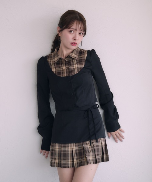fupel(フぺル)の「Switched Shirt pleat skirt / 切り替えシャツプリーツスカート(スカート・レディース・ブラック/グレー・FREE)」の2枚目の写真