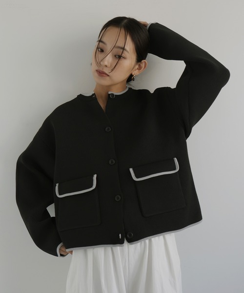 hellam（へラム）の「バイカラーニットカーディガン（カーディガン/ボレロ・レディース・アイボリー/ブラック/チャコール/ブラウン・FREE）」の8枚目の写真