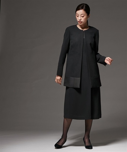 喪服 礼服 ブラックフォーマル レディース 袱紗も入る多ポケット仕様 洗える防しわ北陸ジャカード 使い ロング ジャケット ワンピース アンサンブル ノーカラー ＋ 〔Callarus〕 喪服・礼服】袱紗も入る多ポケット仕様 洗える防しわ北陸ジャカード