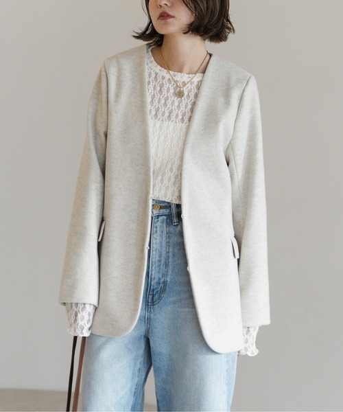 Bonjour Sagan(ボンジュールサガン)の「ノーカラーウールライクジャケット(ノーカラージャケット・レディース・チャコールグレー/ダークブラウン/オートミール・FREE)」の3枚目の写真