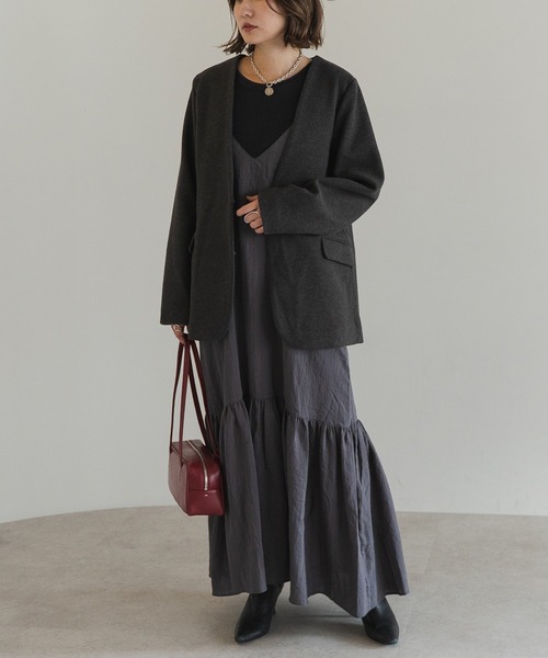 Bonjour Sagan(ボンジュールサガン)の「ノーカラーウールライクジャケット(ノーカラージャケット・レディース・チャコールグレー/ダークブラウン/オートミール・FREE)」の5枚目の写真