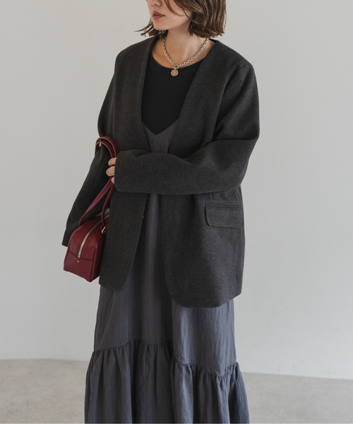 Bonjour Sagan(ボンジュールサガン)の「ノーカラーウールライクジャケット(ノーカラージャケット・レディース・チャコールグレー/ダークブラウン/オートミール・FREE)」の6枚目の写真