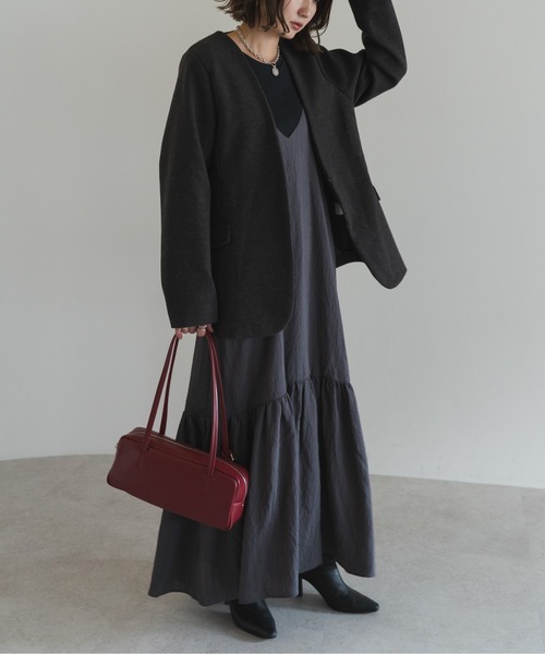 Bonjour Sagan(ボンジュールサガン)の「ノーカラーウールライクジャケット(ノーカラージャケット・レディース・チャコールグレー/ダークブラウン/オートミール・FREE)」の7枚目の写真