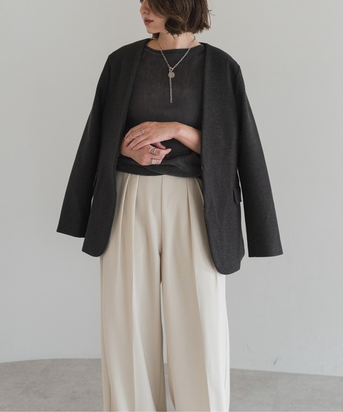 Bonjour Sagan(ボンジュールサガン)の「ノーカラーウールライクジャケット(ノーカラージャケット・レディース・チャコールグレー/ダークブラウン/オートミール・FREE)」の13枚目の写真
