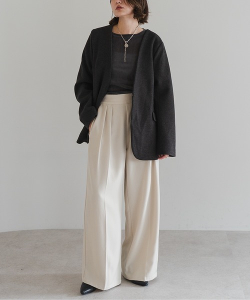 Bonjour Sagan(ボンジュールサガン)の「ノーカラーウールライクジャケット(ノーカラージャケット・レディース・チャコールグレー/ダークブラウン/オートミール・FREE)」の12枚目の写真